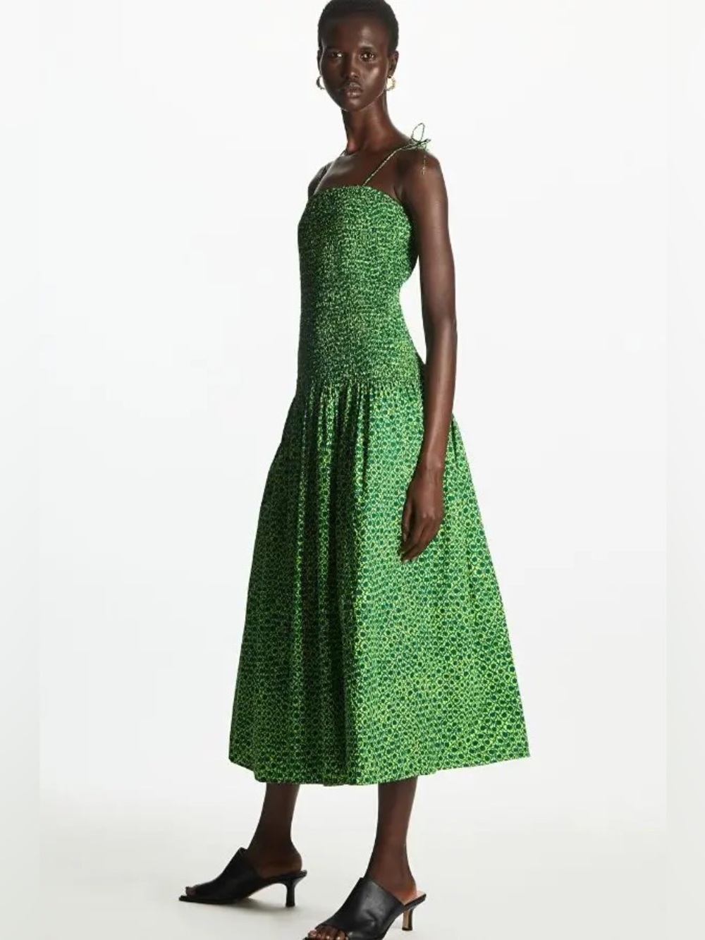 COS Shirred Midi Dress Drop Waist Tie Straps Smocked Square Neck Green